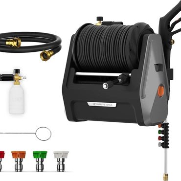 Essential Simple Goods Pressure Washer, Electric Wall Mounted Power Washer with 100FT Hose, Soap Tank, Dark Silver Sound