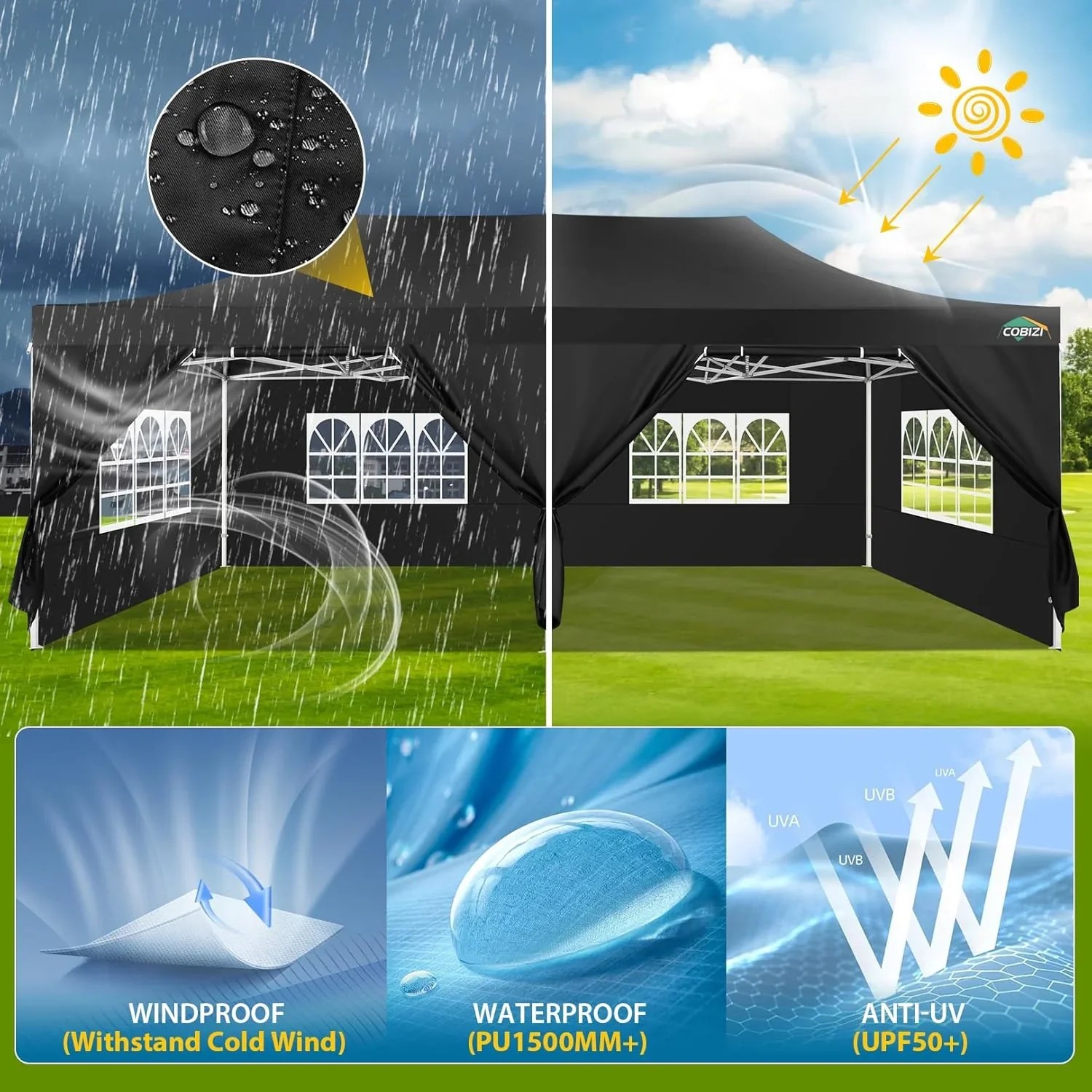 In Stock Pure Value COBIZI 10x20 Heavy Duty Pop up Canopy Tent with 6 Sidewalls Black Functional