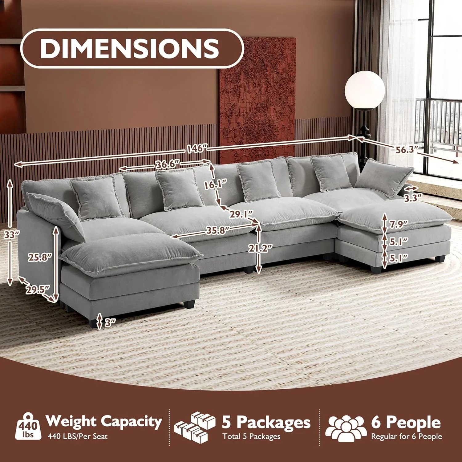 Premium Fresh Find Ihanherry 146" U-Shaped Modern Sofa Modular Sectional Cloud Couch Grey Practical