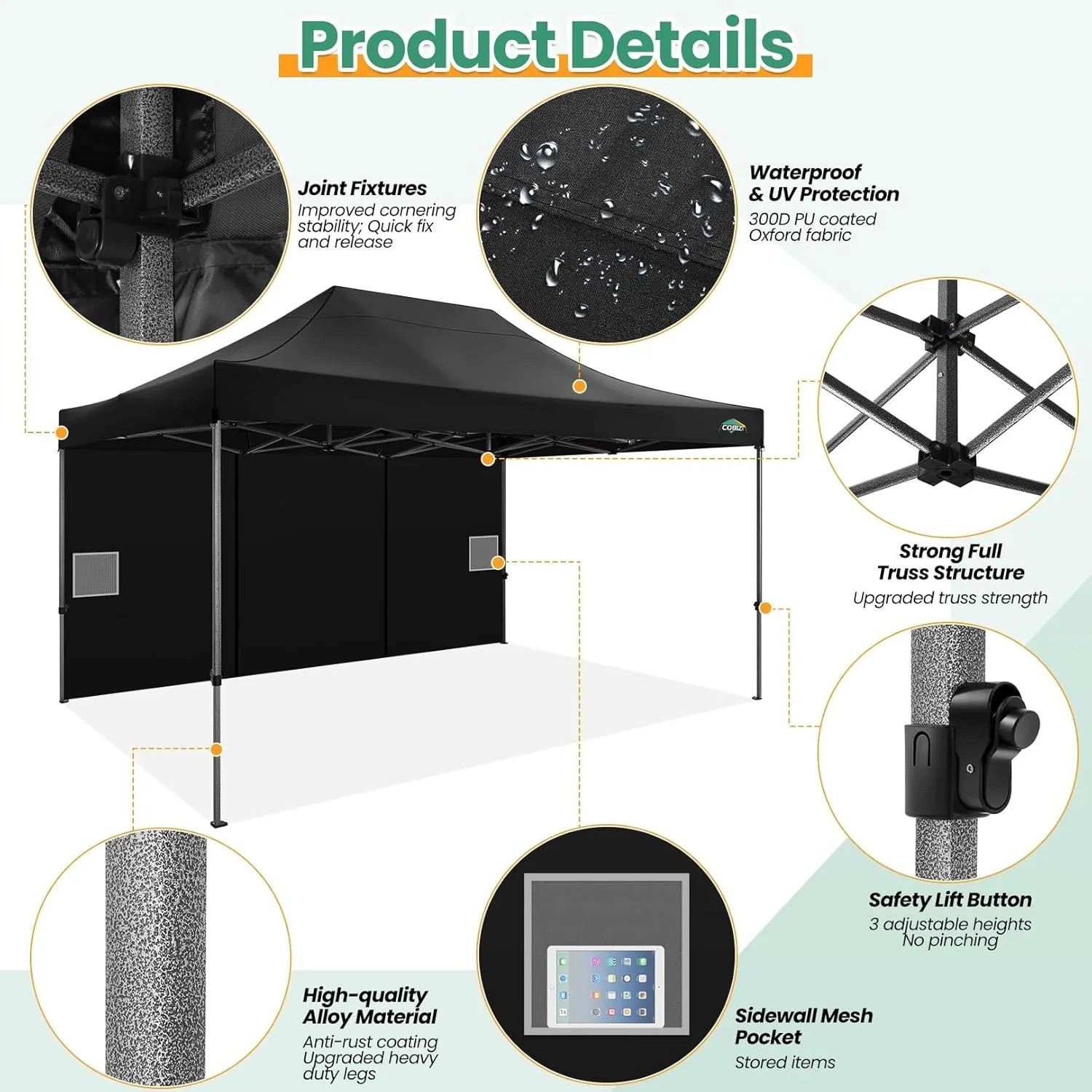 In Stock Pure Value COBIZI 10x20 Heavy Duty Pop up Canopy Tent with 6 Sidewalls Black Functional