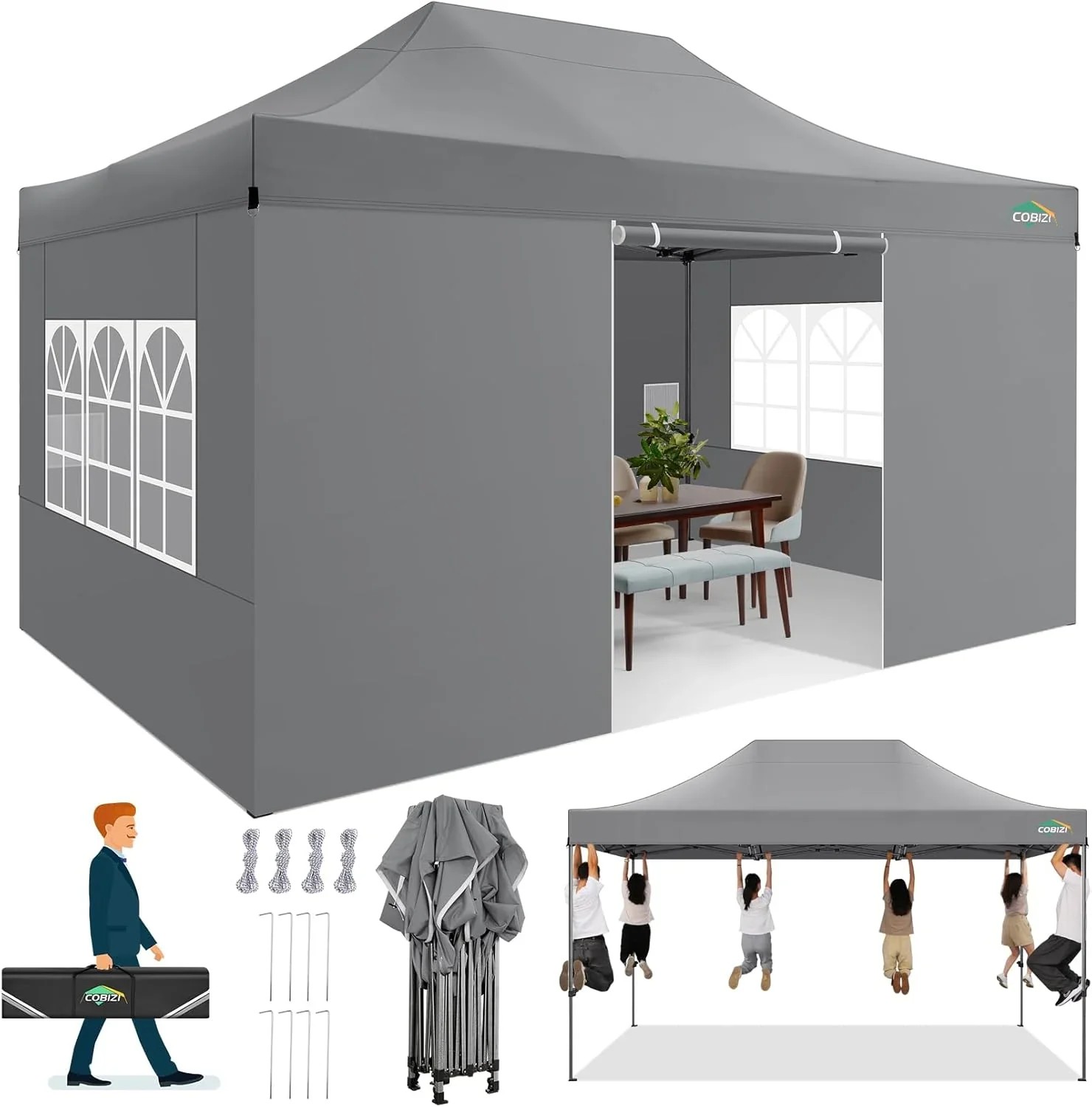 In Stock Pure Value COBIZI 10x20 Heavy Duty Pop up Canopy Tent with 6 Sidewalls Black Functional