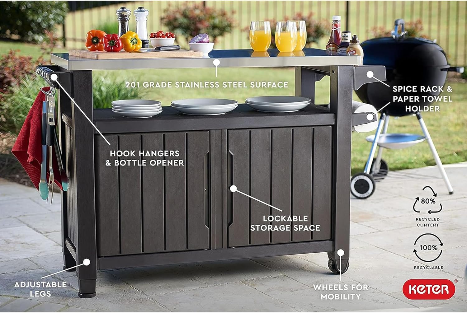 Premium Everyday Co Keter Outdoor Rolling Table Cart for Food Prep, Storage, Bar & Grill, Dark Brown Modern
