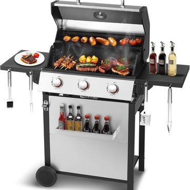 Revolutionary Fresh Find 3-Burner Propane Gas Grill 30000 BTU Stainless Steel Lid Cast Iron Grids Fine