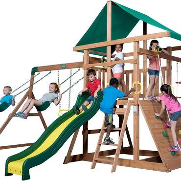 Limited Fresh Find Backyard Discovery Mount Mckinley Cedar Wood Swing Set with Wave Slide Everyday