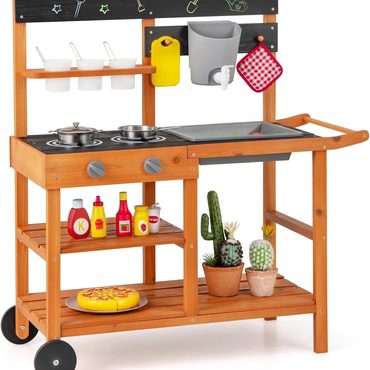 Popular Fresh Find OLAKIDS Mud Kitchen, Outdoor Play Kitchen with Wheels, Removable Sink, Wooden Sound