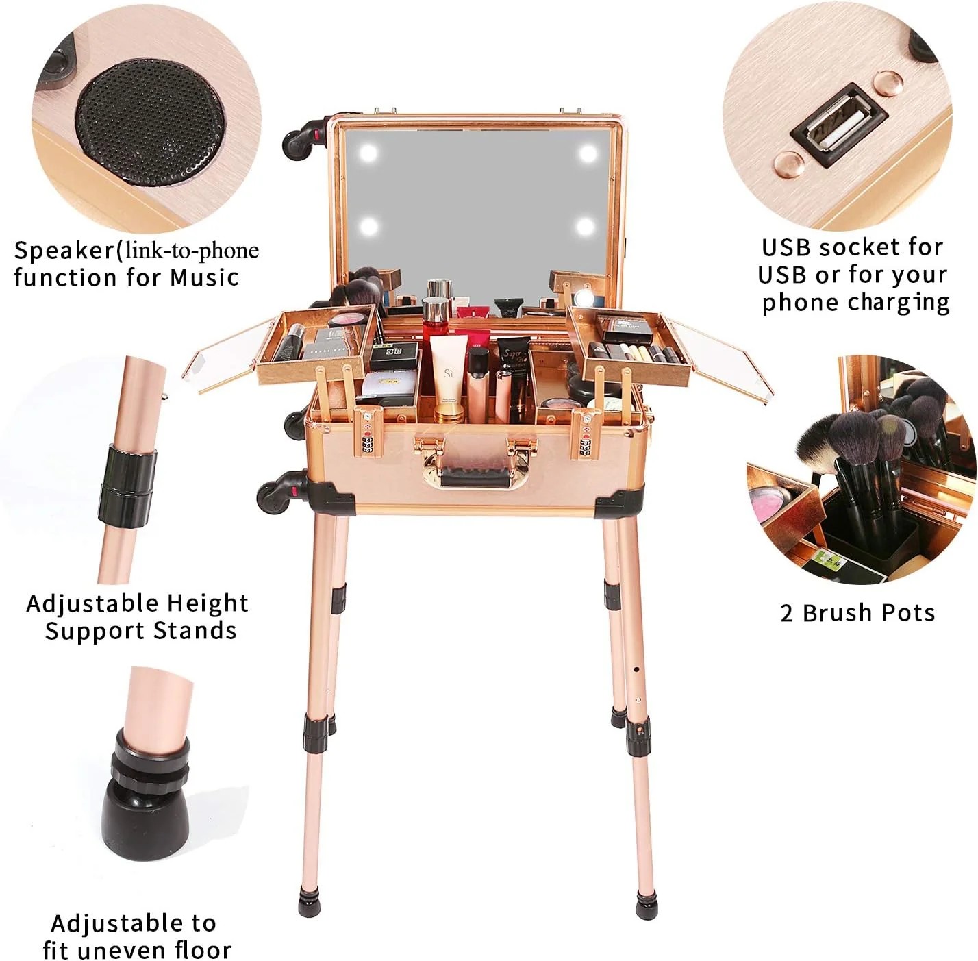 Limited Everyday Co Medium Makeup Train Case Code Lock Lighted Mirror Speaker Travel Cosmetic Rose Gold Practical