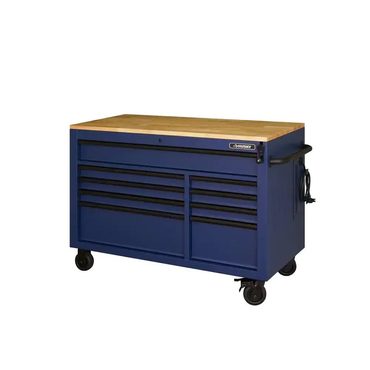 Essential Direct Source Heavy-Duty 52 in. 9-Drawer Mobile Workbench with Adjustable-Height Solid Wood Top in Matte Blue Original