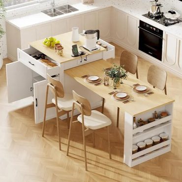 2026 Debut Fresh Find 82.7 Wooden 4-6 Person Kitchen Island with Extendable Dining Table and Double-sized Storage Improved