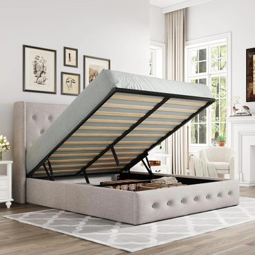 2026 Upgraded Basic Line Allewie Queen Size Lift Up Storage Bed Modern Wingback Headboard Light Beige Distinctive
