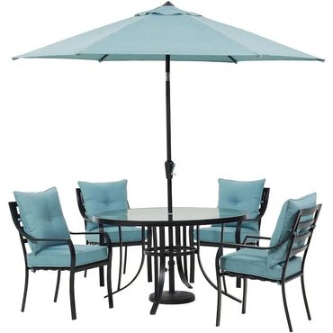 2026 Upgraded Pure Value Hanover Lavallette 5-Piece Dining Set in Ocean Blue with 4 Stationary Chairs, 52-In. Round Glass-Top Table, Um Practical