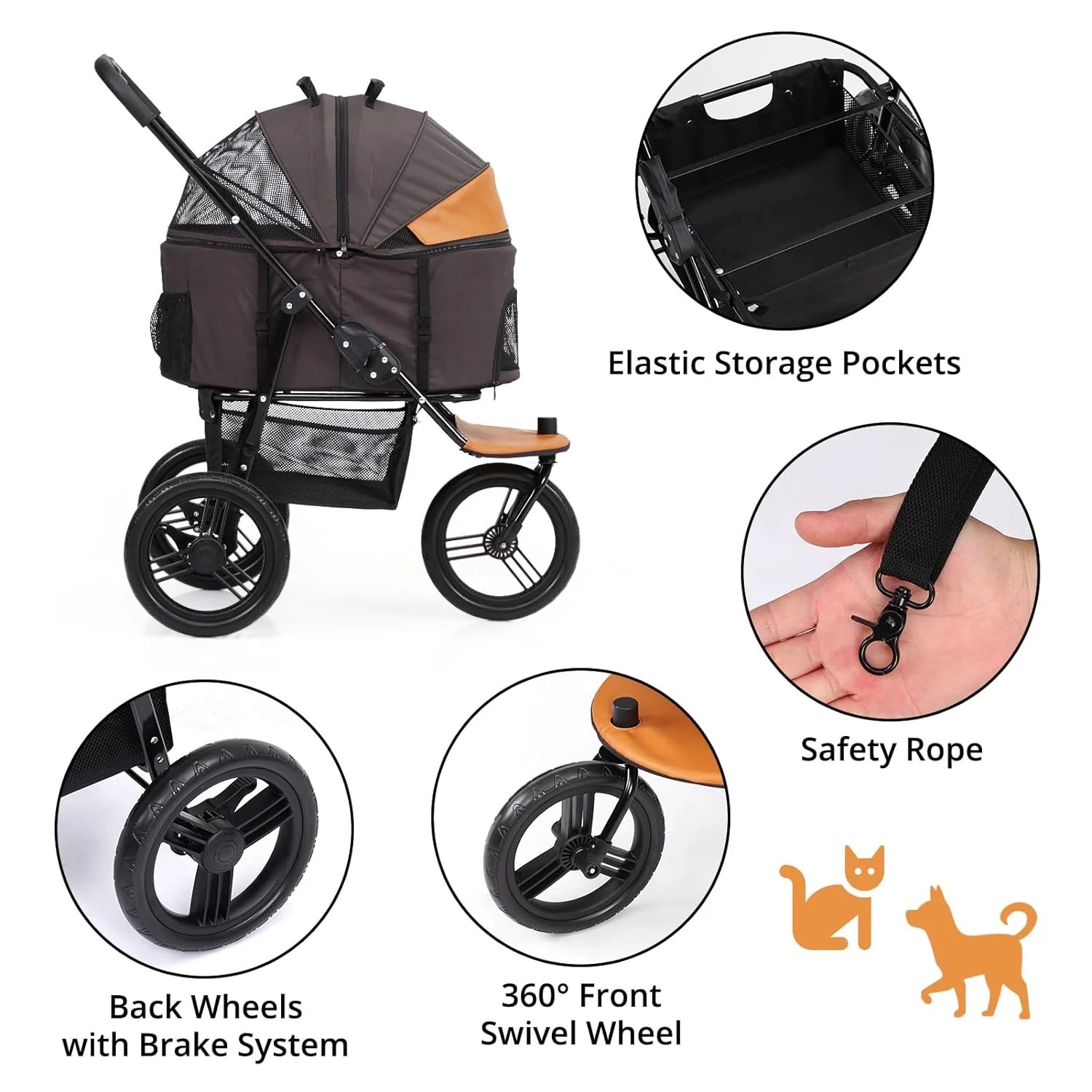 Limited Standard Goods Dog Stroller for Large Pet Jogger Folding Cart 4 Wheel Storage Grey Orange Reliable