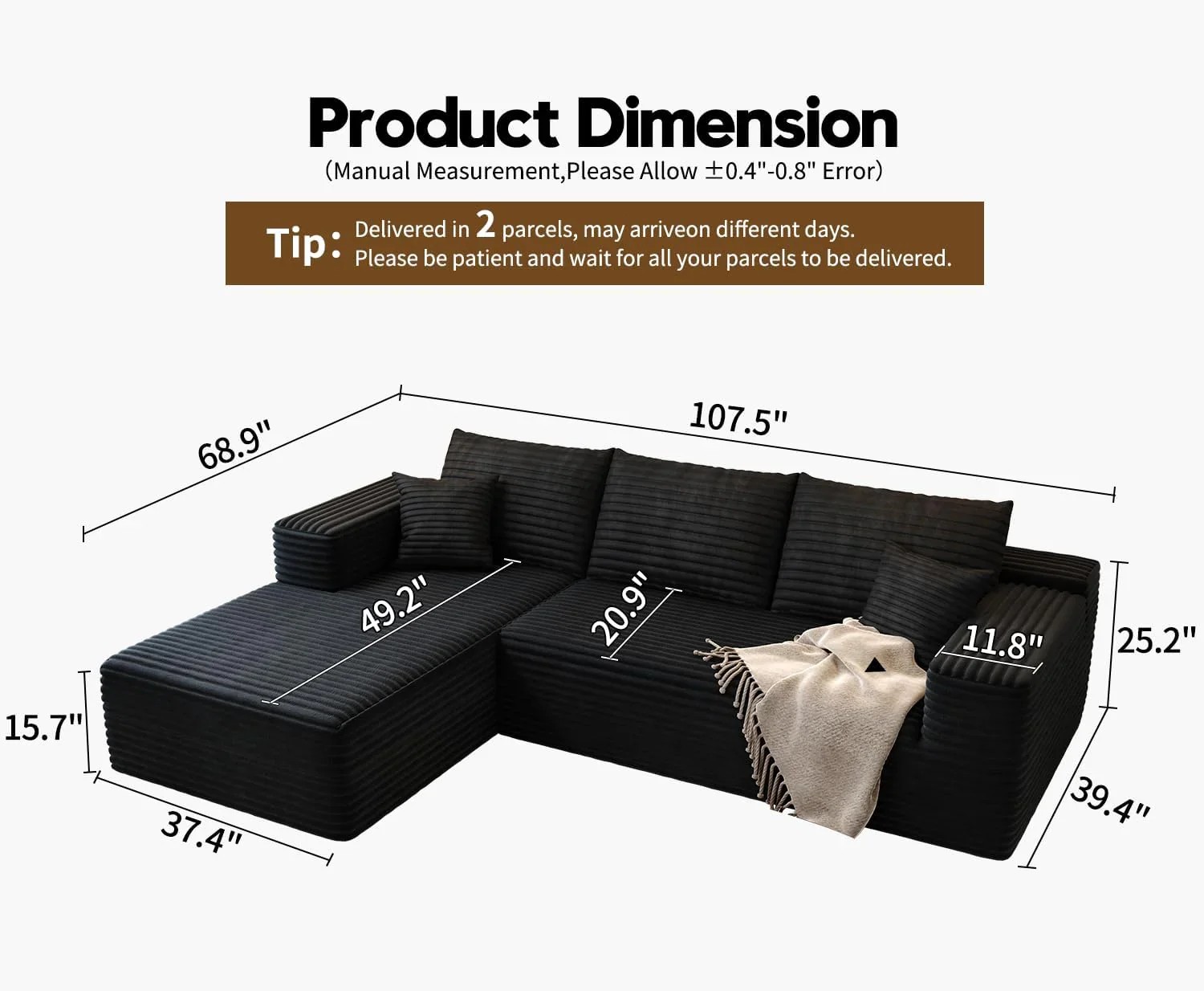 Durable Smart Pick 5" Cloud Modular Sectional Sofa L-Shape Chaise Deep Seat Black Left Facing Reliable