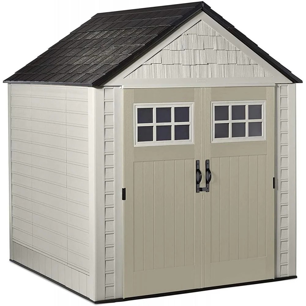 Genuine Open Market Rubbermaid 7x7 Ft Weather Resistant Resin Outdoor Storage Shed with Windows, Sand Practical