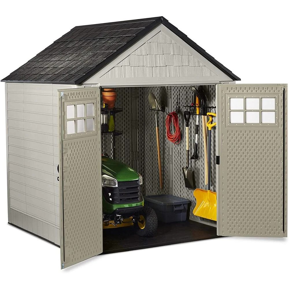 Genuine Open Market Rubbermaid 7x7 Ft Weather Resistant Resin Outdoor Storage Shed with Windows, Sand Practical
