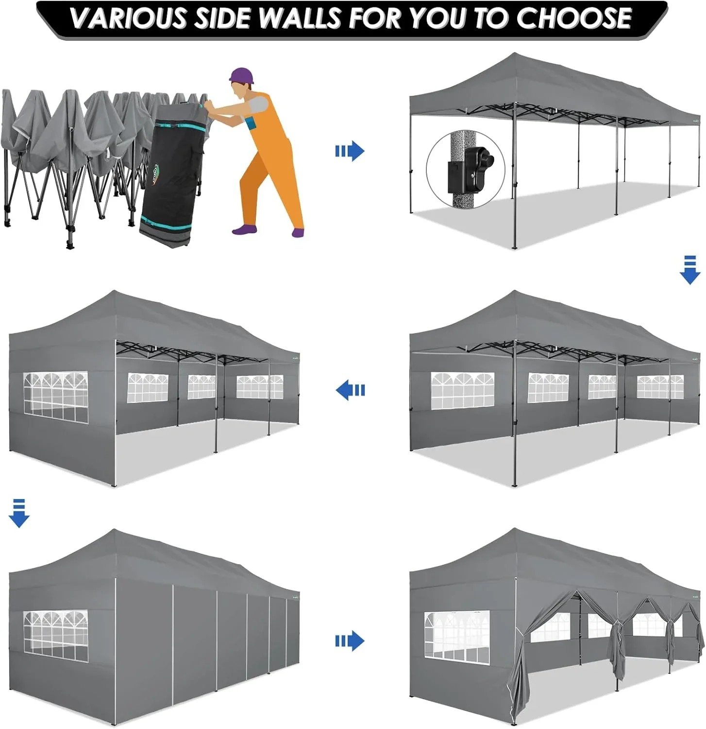 In Stock Pure Value COBIZI 10x20 Heavy Duty Pop up Canopy Tent with 6 Sidewalls Black Functional