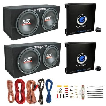 Essential Pure Value MTX TNE212D 12" Subwoofer (2 Pack) + Monoblock Amplifier (2 Pack) + Amp Wire Kit Enhanced