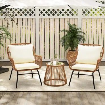 Durable Smart Pick 3-Piece Patio Conversation Bistro Set Outdoor Rattan Furniture Glass Table 2 Armchairs Practical