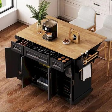 Premium Standard Goods 54 Large Kitchen Island Rubber Wood Drop Leaf Rolling Cart 4 Wheels Grey Blue Fine