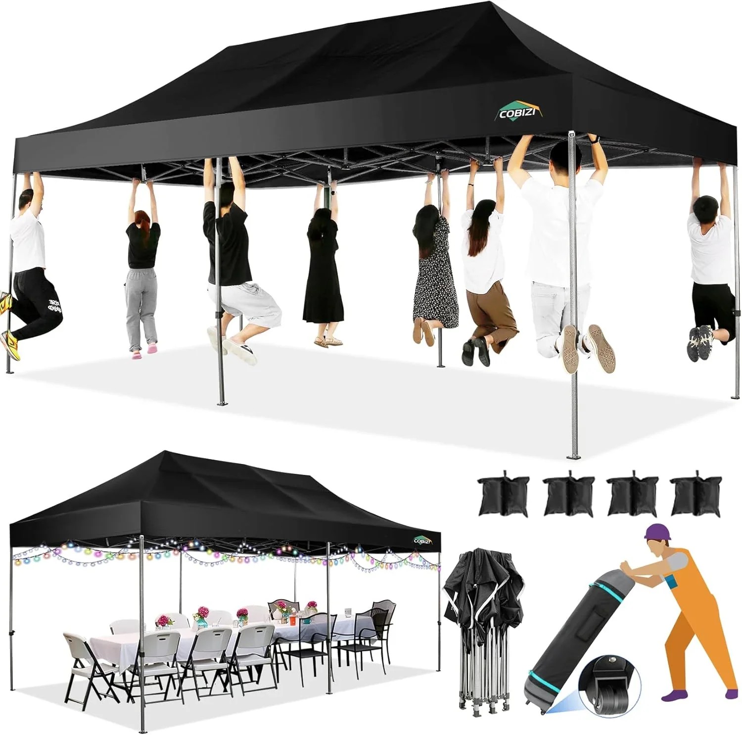In Stock Pure Value COBIZI 10x20 Heavy Duty Pop up Canopy Tent with 6 Sidewalls Black Functional